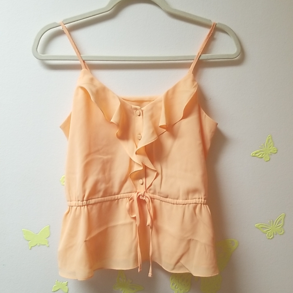 Express Orange Peach Ruffle Button Peplum Poly Chiffon adjustable Top S New